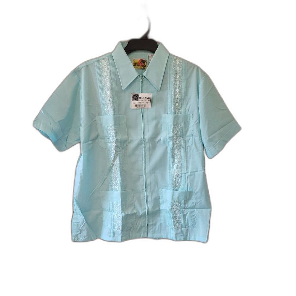 NWT Haband Guayabera Mens Cuban Shirt Lt blue 4 Pockets Zipper Embroidered Sz XL